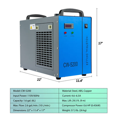 0.6HP 2.6gpm Water Cooling System CW-5200 Water Cooler Specifications